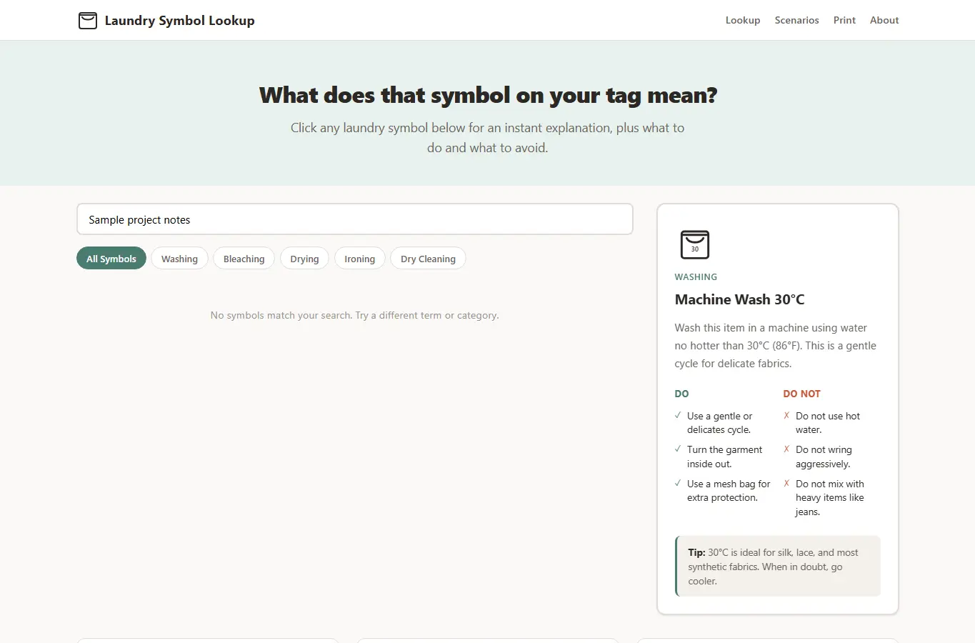 Screenshot of Laundry Symbol Quick-Lookup Card interface showing the project page in use